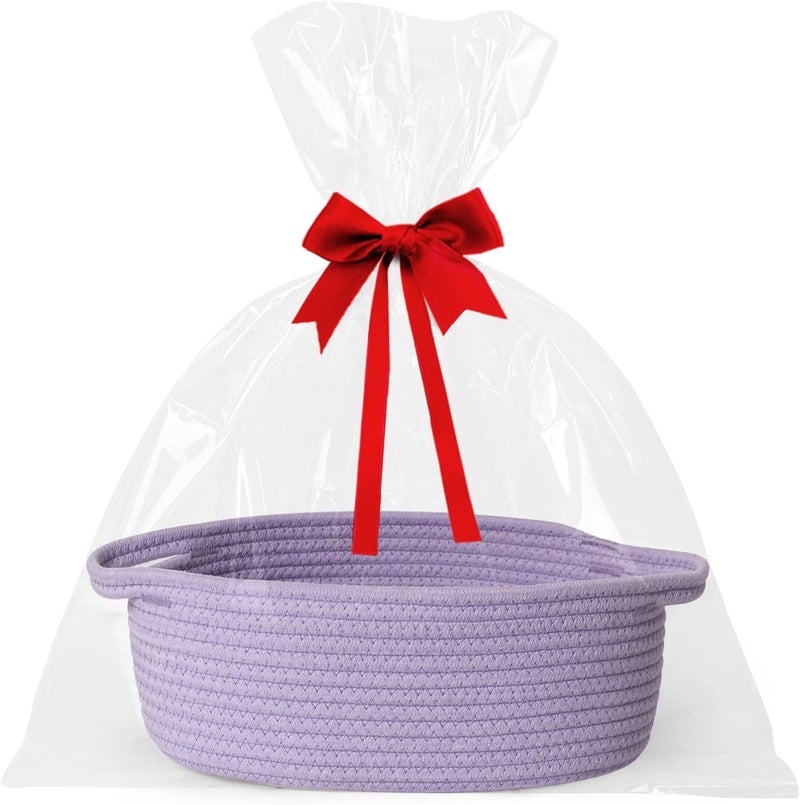 WILLITAT Small Baskets for Gifts Empty, 13"x 9"x 5" Woven Gift Basket with Bag and Ribbon, Cotton Rope Kids Dog Cat Toy Bin Box, Cute Baby Nursery Organizer, Decorative Storage with Handles,Purple - Image 1